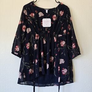 NWT Isabel Maternity Size Small Navy Floral Tunic Top Sheer Sleeves Buttons Chic